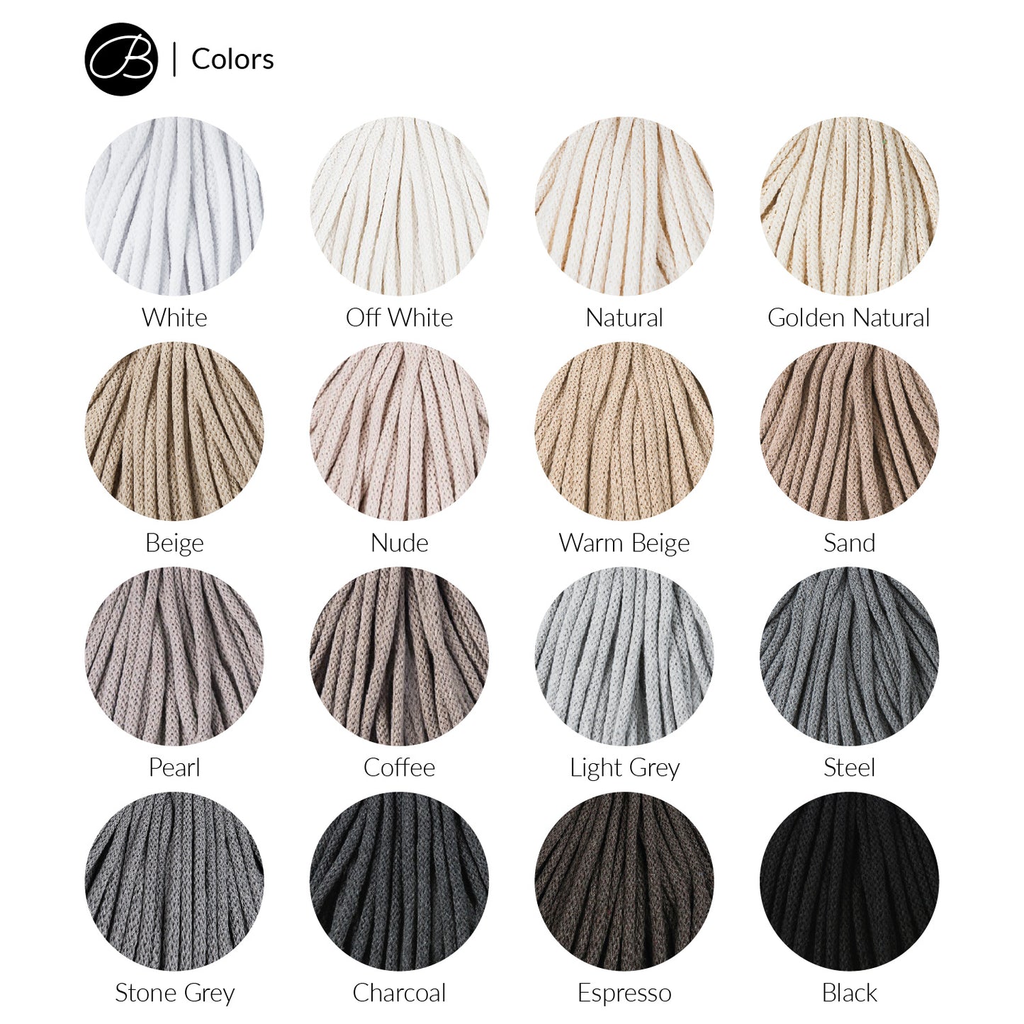 Übersicht verschiedener Farben der Bobbiny Flechtkordel (5 mm, 100 m, Baumwollgarn). Die Farbpalette enthält helle, neutrale und dunkle Töne, darunter Weiß, Beige, Grau, Braun und Schwarz. Die einzelnen Farbbezeichnungen sind unter den Garnmustern sichtbar."