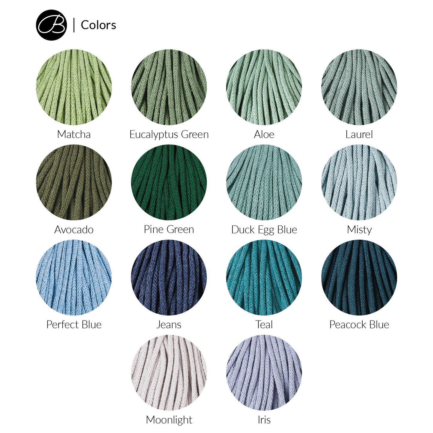 "Farbpalette der Bobbiny Flechtkordel (5 mm, 100 m Baumwollgarn). Zwölf verschiedene Farben, darunter Grüntöne wie Avocado und Pine Green, Blautöne wie Jeans und Petrol Blue sowie neutrale Töne wie Moonlight und Mist. Rundes Garn mit geflochtener Struktur."
