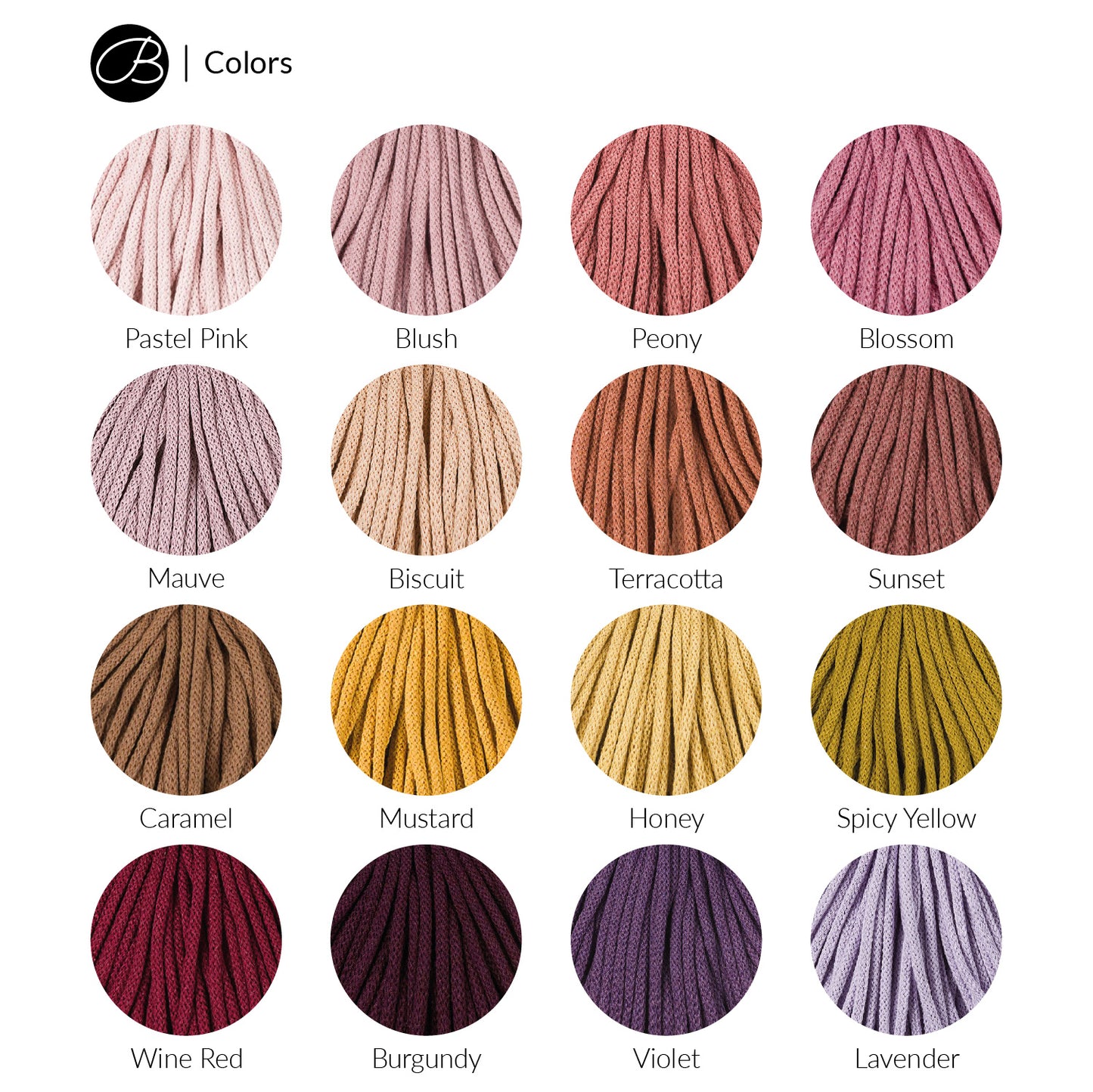 "Farbübersicht der Bobbiny Flechtkordel (5 mm, 100 m) aus Baumwollgarn. Das Bild zeigt 12 verschiedene Farben, darunter Pastelltöne wie Blush und Mauve, sowie kräftigere Farben wie Wine Red und Mustard. Jede Farbe wird durch ein rundes Garnknäuel repräsentiert."