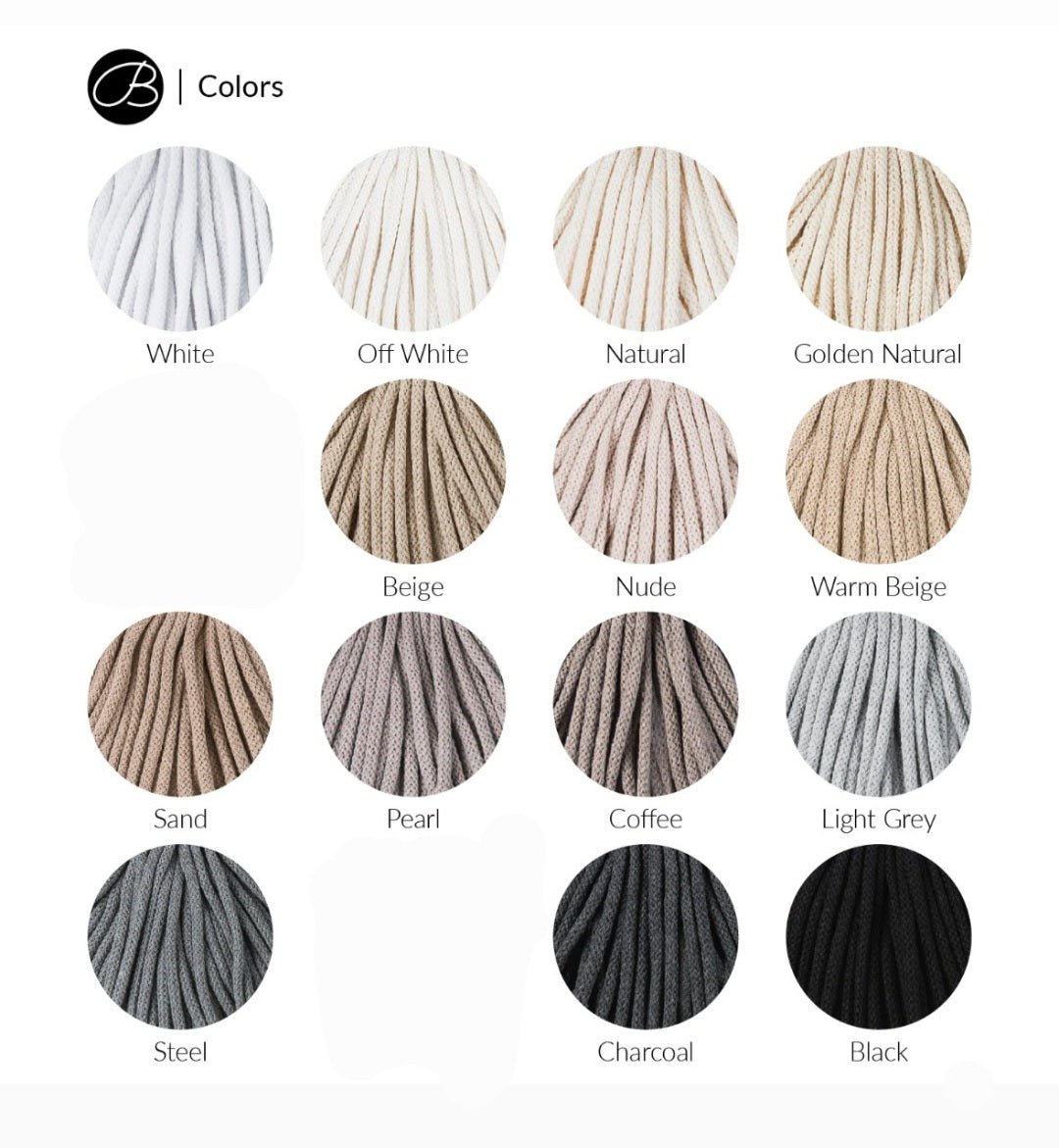 Farbübersicht recyceltes Baumwollgarn für gehäkelte Körbe – Farben White, Natural, Beige, Sand, Coffee, Grey, Charcoal, Black