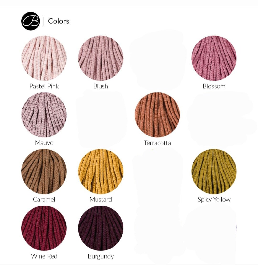 Farbübersicht recyceltes Baumwollgarn für gehäkelte Körbe – Pastel Pink, Blush, Blossom, Mauve, Terracotta, Mustard, Burgundy
