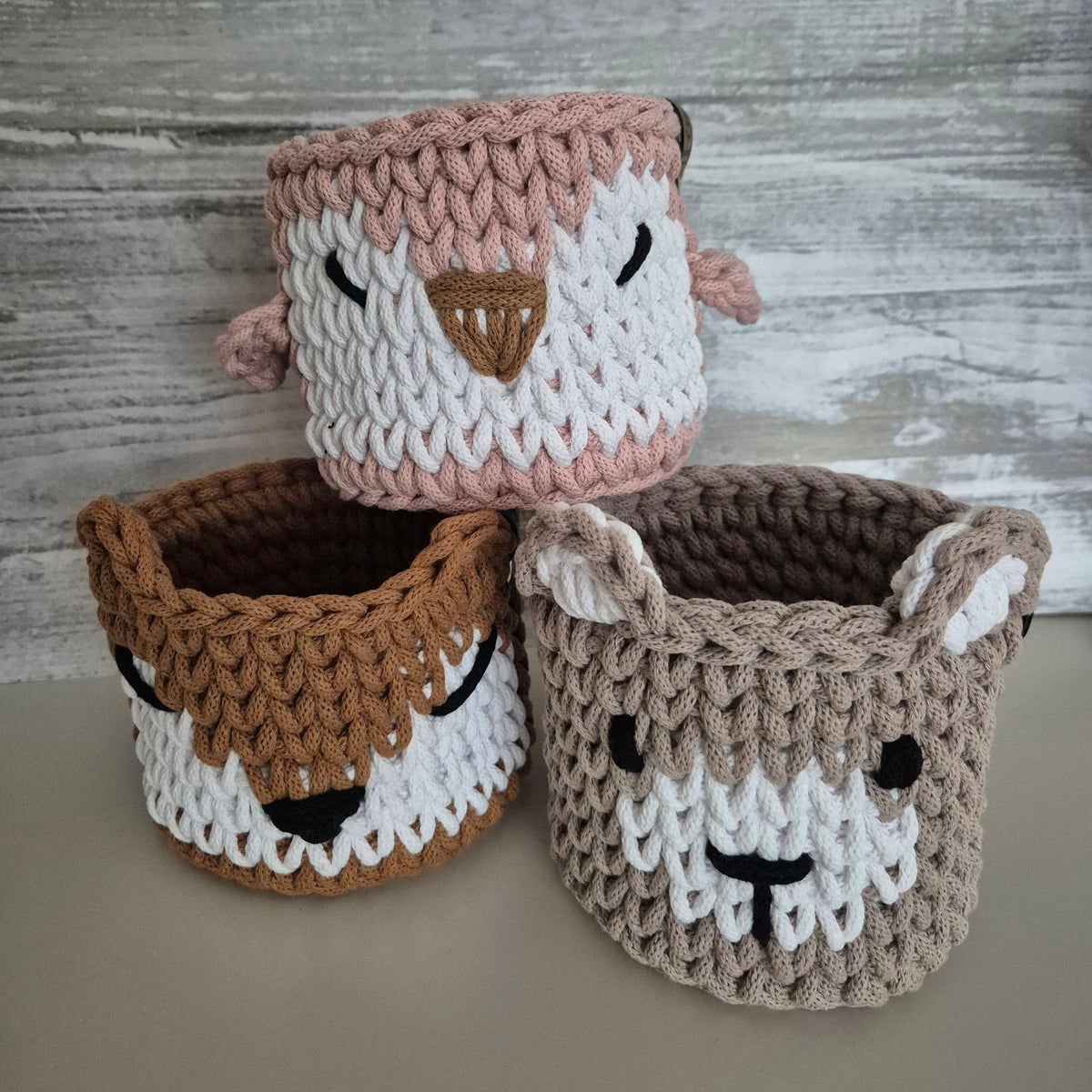Fuchskorb, Bärenkorb und Pinguinkorb aus Baumwolle im Vergleich